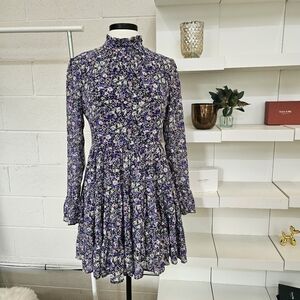 Purple floral ruffle neck dress